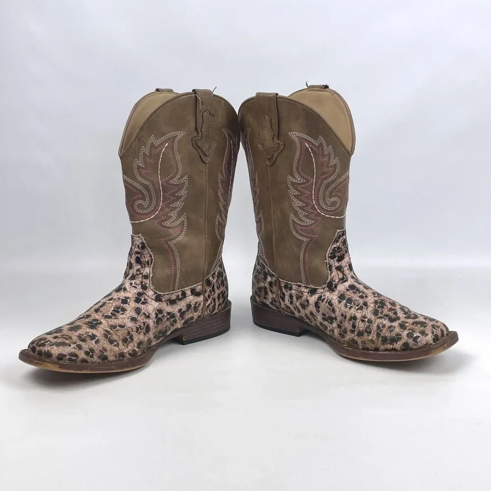 ROPER Little Kids Girls Size 3 Glitter Leopard Square Toe Western Cowboy Boots